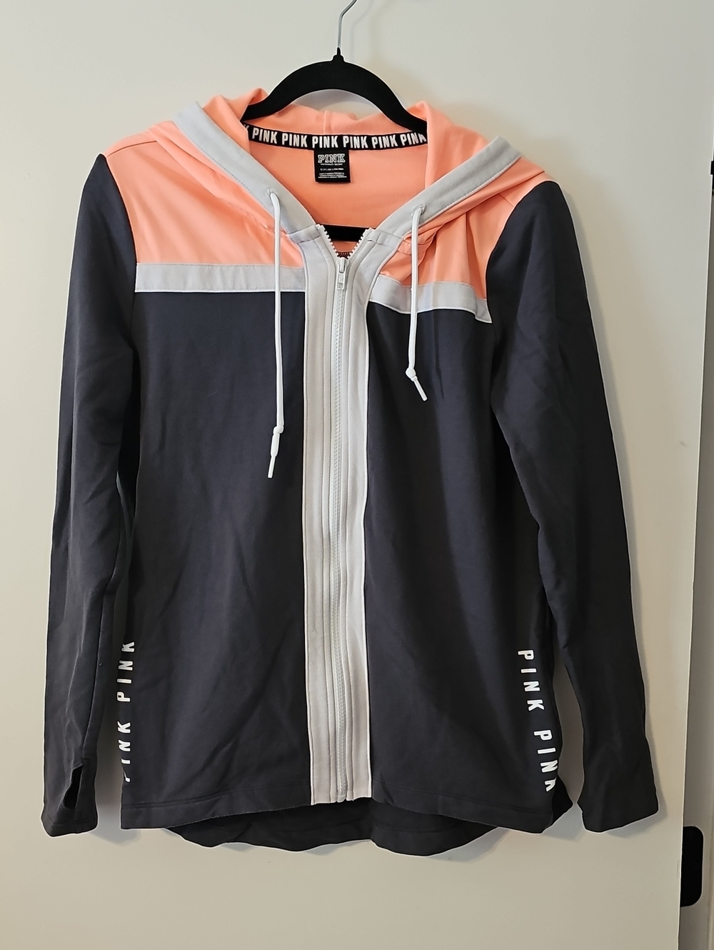 PINK Colorblock Zip-Up Hoodie in Coral White and Charcoal Size Small